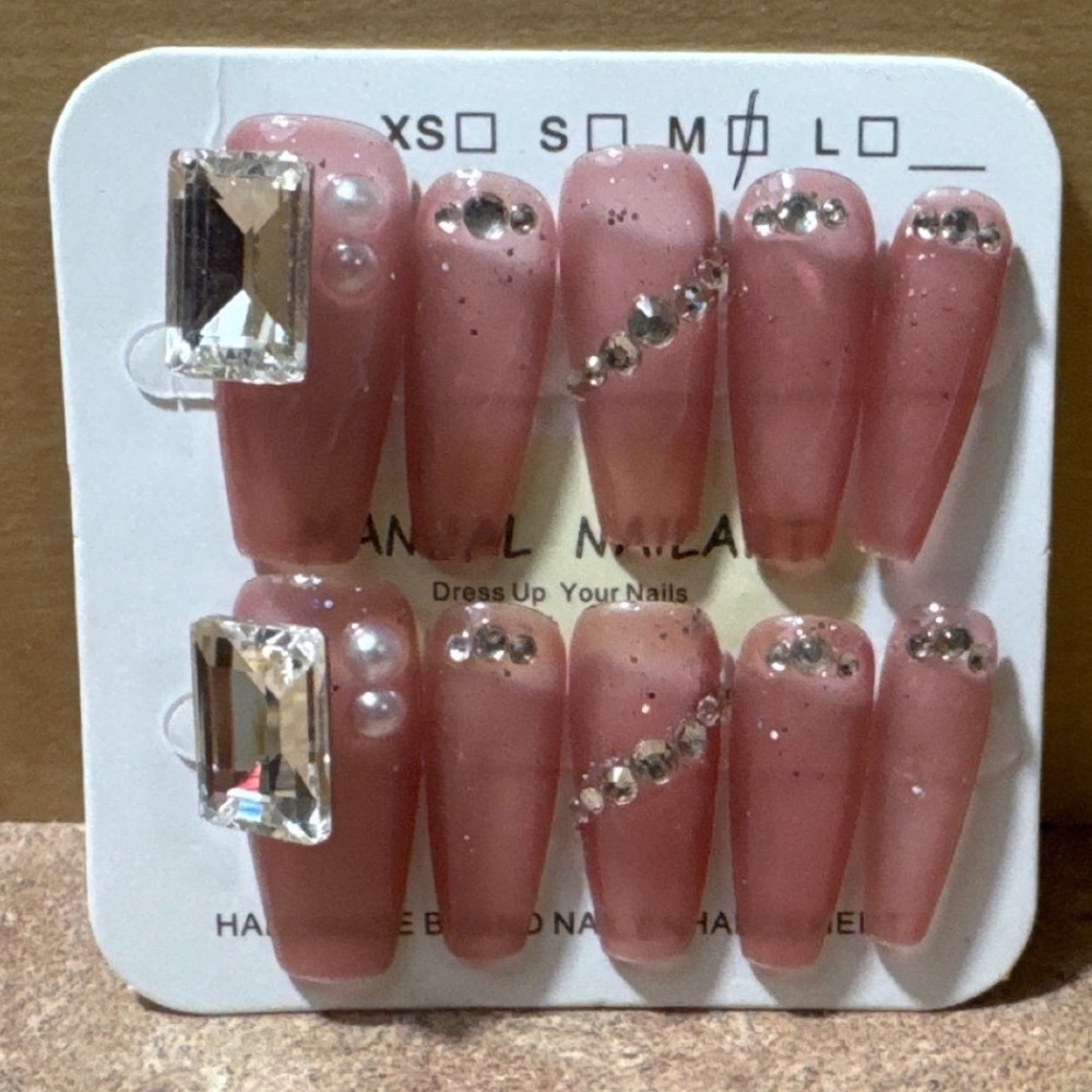 Mauve Pink Jelly Press On Nails Medium Coffin Rhinestone Pearl Set Size M